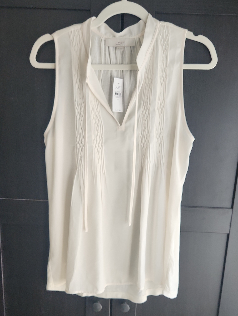 LOFT Cream Sleeveless Pintuck Tie-Neck Shell